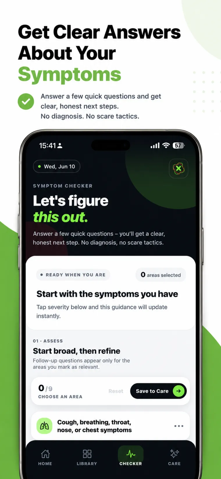 Nurelium symptom checker inviting you to select affected areas for guided, severity-based questions