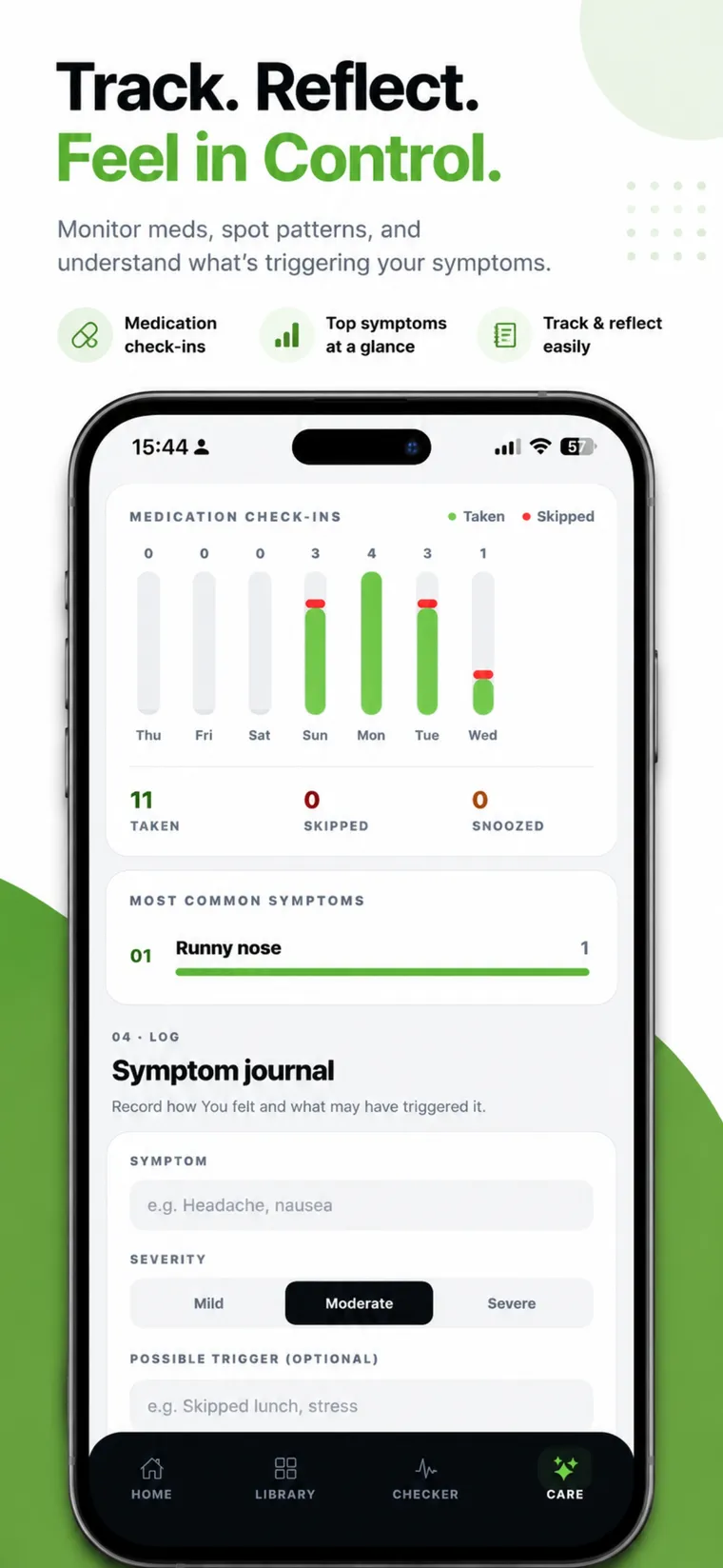 Nurelium medication check-ins chart across the week alongside a symptom journal entry form