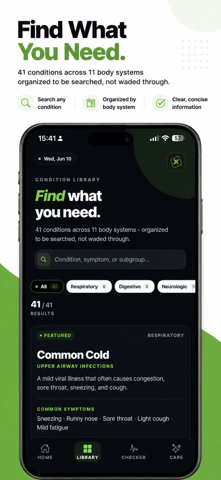 Nurelium condition library with 41 searchable conditions grouped by body system