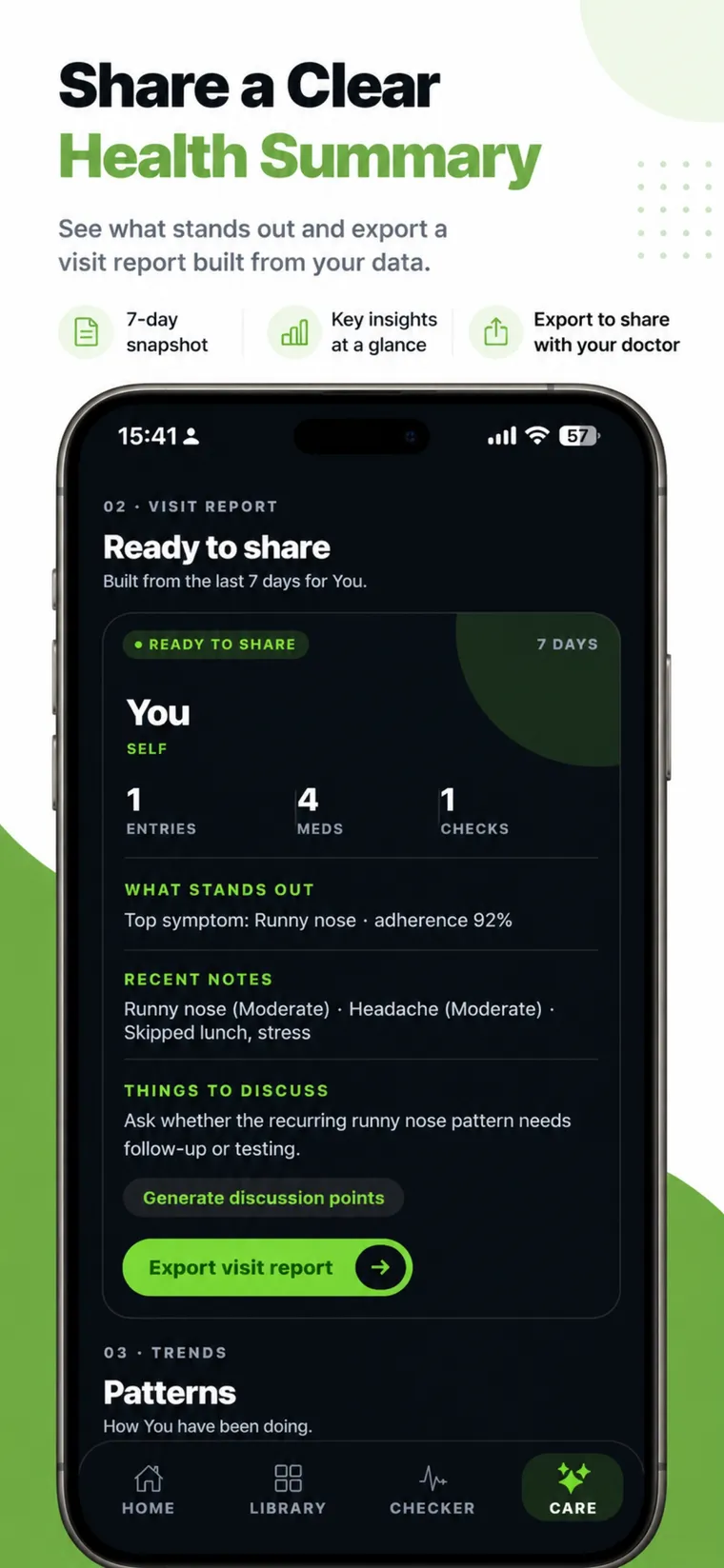Nurelium doctor visit report summarising seven days of entries with discussion points and an export button