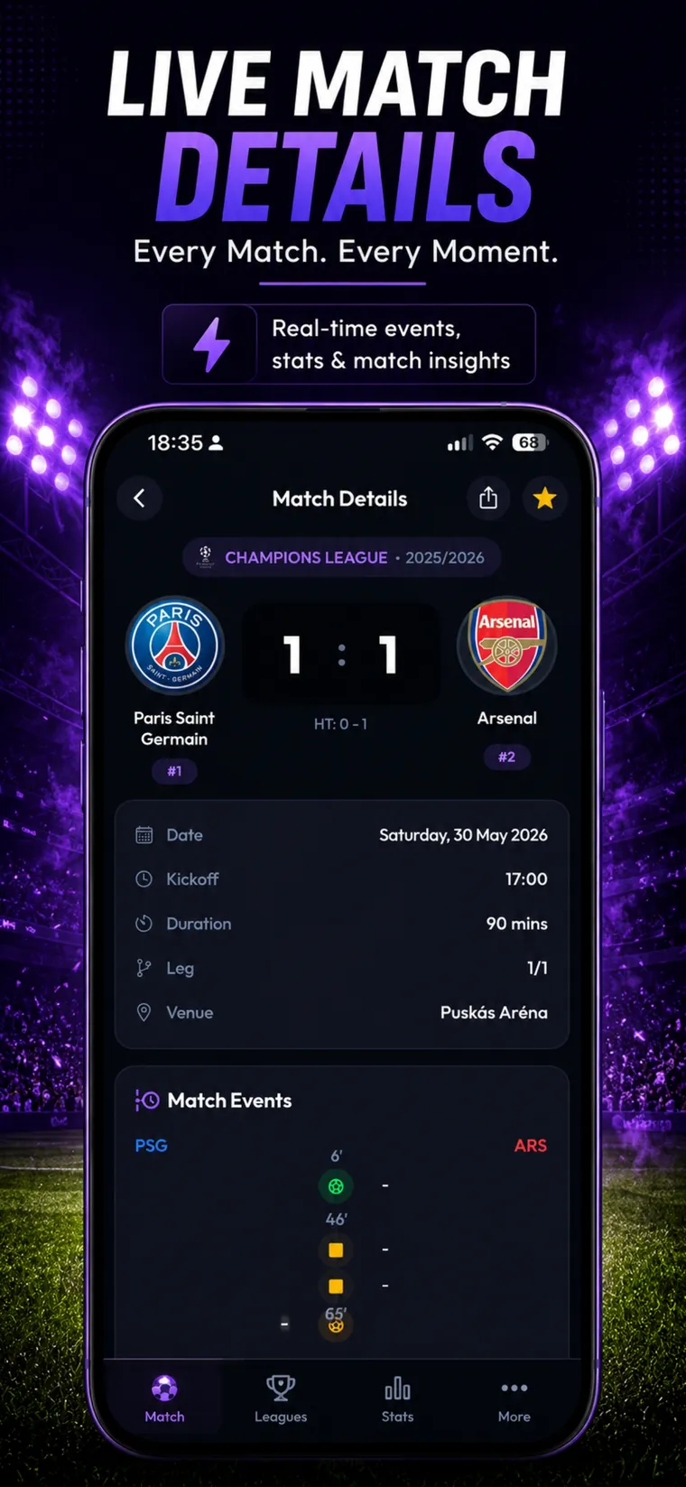 Scorevance live match details showing scores, kickoff info and a real-time match event timeline