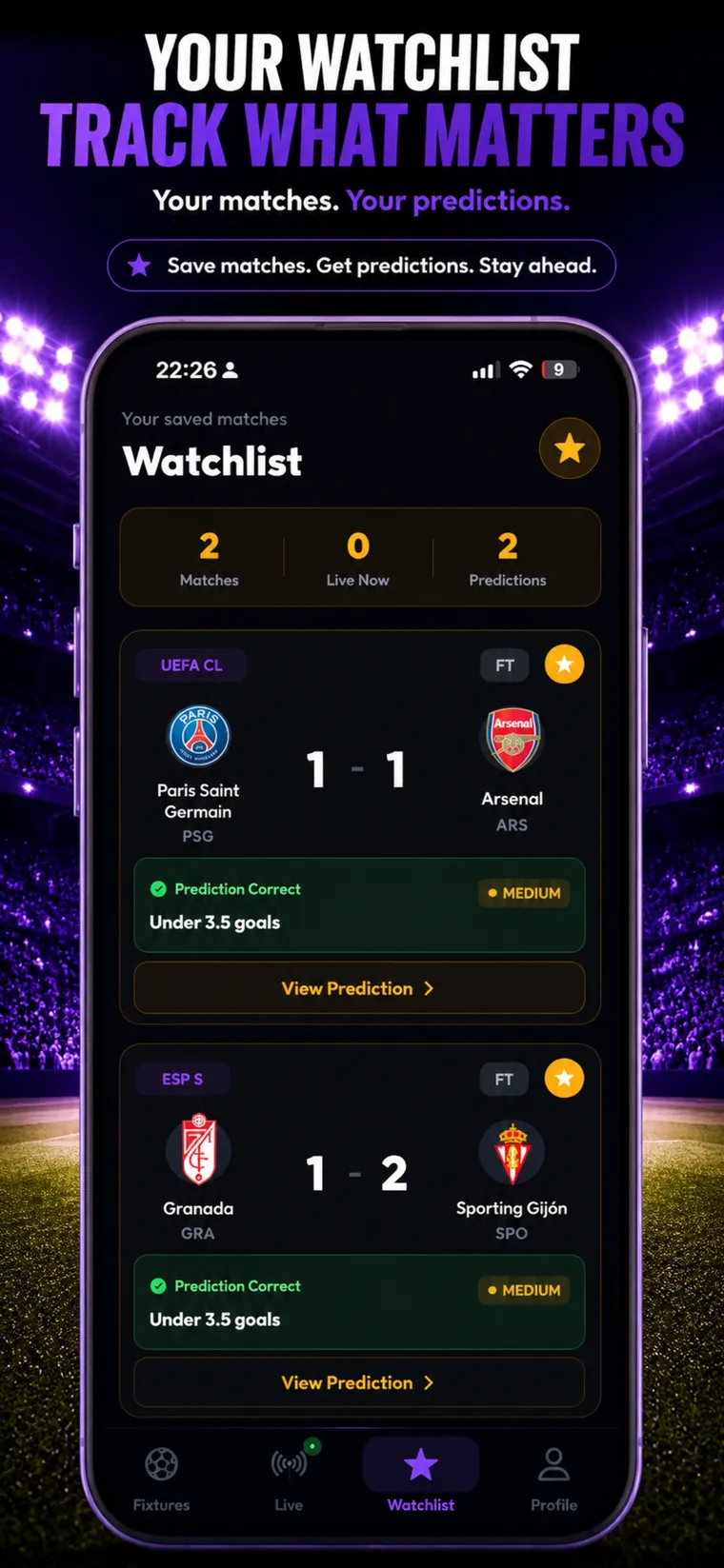 Scorevance watchlist of saved matches, each showing its prediction result