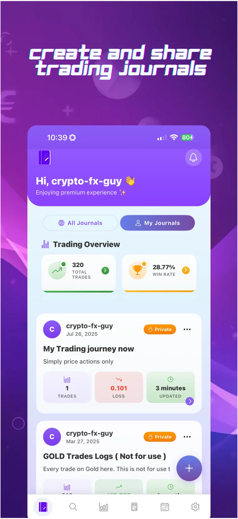 Tracom journals list with total trades, win rate and individual trading journals