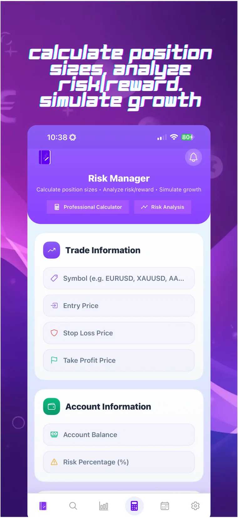Tracom risk manager for calculating position size from entry, stop loss and account balance